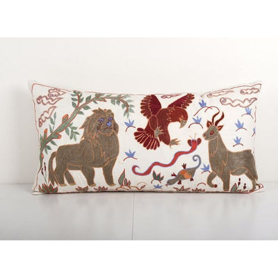 Extra Long Animal Pictorial Lion Cushion, Kingsize Suzani Bed Pillow Cover with Deer Motifs, Embroidered Hippie Pillow 18'' x 35''