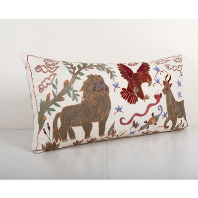 Extra Long Animal Pictorial Lion Cushion, Kingsize Suzani Bed Pillow Cover with Deer Motifs, Embroidered Hippie Pillow 18'' x 35''