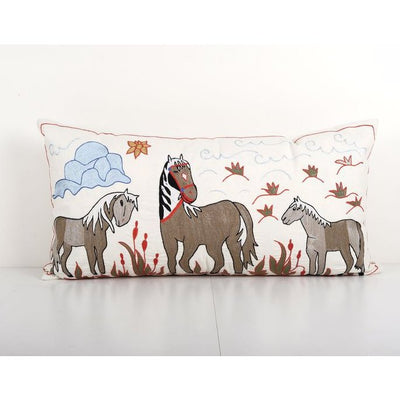 Extra Long Suzani Pictorial Cushion, Animal Embroidered Tribal Bedding Pillow Cover 18'' x 35''