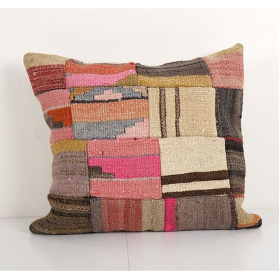 Vintage Turkish Handmade Large Patchwork Cushion, Flat-Weave Kilim Rug Fregment Pillow, Boho Home Decor 17'' x 19''