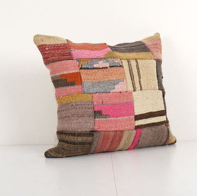 Vintage Turkish Handmade Large Patchwork Cushion, Flat-Weave Kilim Rug Fregment Pillow, Boho Home Decor 17'' x 19''