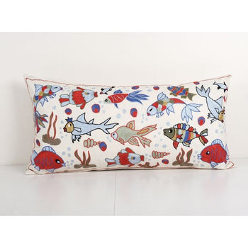 Animal Motif Suzani Pillow, Handmade Aquarium Pictorial Embroidered Pillow Cover from Bukhara 18'' x 35''