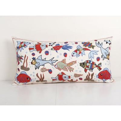Animal Motif Suzani Pillow, Handmade Aquarium Pictorial Embroidered Pillow Cover from Bukhara 18'' x 35''