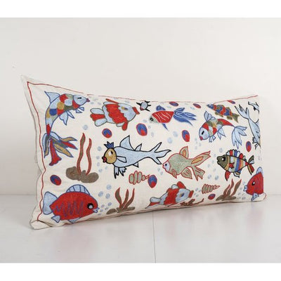 Animal Motif Suzani Pillow, Handmade Aquarium Pictorial Embroidered Pillow Cover from Bukhara 18'' x 35''