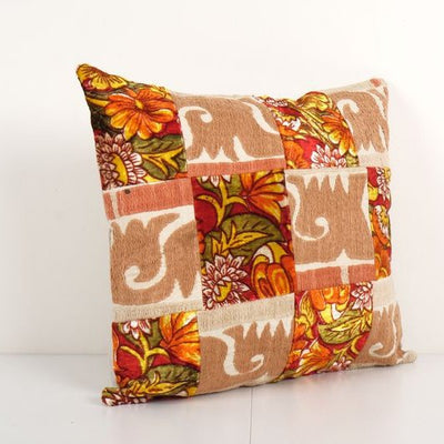 Suzani and Velvet Square Cushion Cover, Tribal House Decor - Vintage Embroidered Suzani Ikat Patchwork Pillow 18'' x 18''