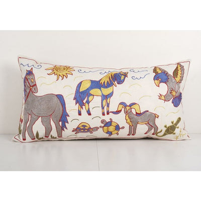 Suzani Animal Cushion Cover, Extra Long Embroidery Bird Cushion Cover - Vintage Uzbek Pillow 18'' x 34''