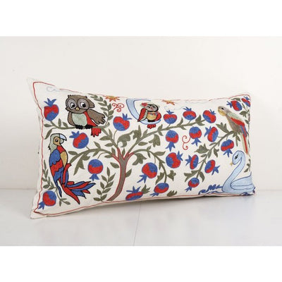 Vintage Long Pictorial Suzani Pillow Cover, Embroidery Duck, Eagle and Parrot Motif Uzbek Bedding Cushion Cover 18'' x 34''