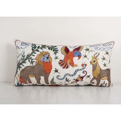 Suzani Handmade Pillowcase with Deer, Lion, Bird and Snake Motifs 18'' x 35''