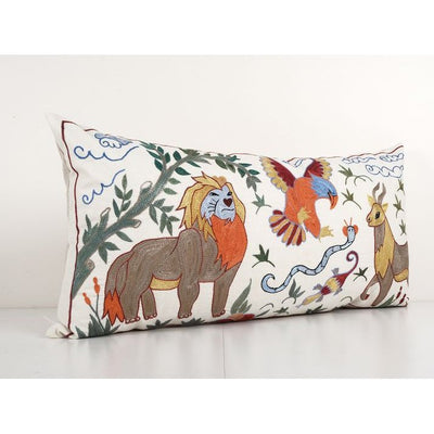 Suzani Handmade Pillowcase with Deer, Lion, Bird and Snake Motifs 18'' x 35''