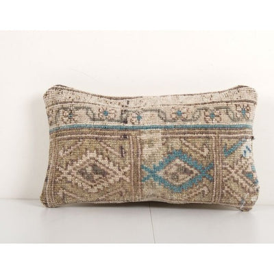 Turkish Oushak Rug Pillow Cover, Wool Boho Woven Carpet Pillow Cover, Miniature Turkish Lumbar Cushion 9'' x 15''
