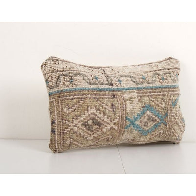 Turkish Oushak Rug Pillow Cover, Wool Boho Woven Carpet Pillow Cover, Miniature Turkish Lumbar Cushion 9'' x 15''