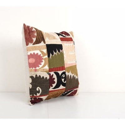 Large Vintage Colorful Suzani Embroidery Throw Pillow, Patchwork Suzani Pillow Case Made From Samarkand From Uzbekistan 18'' x 19''
