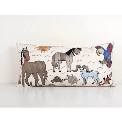 Vintage Animal Pictorial Suzani Pillow Fashioned from a Mid-20th Century Samarkand Suzani, Extra Long Hippie Horse Cushion Cover 18'' x 34''