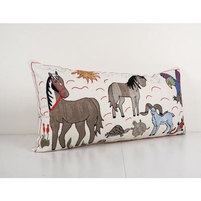 Vintage Animal Pictorial Suzani Pillow Fashioned from a Mid-20th Century Samarkand Suzani, Extra Long Hippie Horse Cushion Cover 18'' x 34''