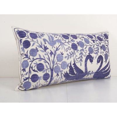Blue Suzani Bedding Pillow Made from a Vintage Uzbek Suzani, Animal Duck Motif Uzbek Pillow cover 18'' x 34''