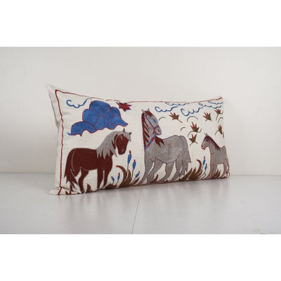 Tashkent Suzani Animal Pictorial Bedding Pillow Case Made from a 19th Century Suzani, Horse Motif Cushion Cover 18'' x 34''