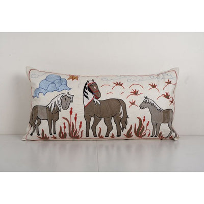 King Bed Vintage Cotton Suzani Pillow Cover with Animal Pattern, Exquisite Suzani Horse Bed Pillow Cover 18'' x 34''