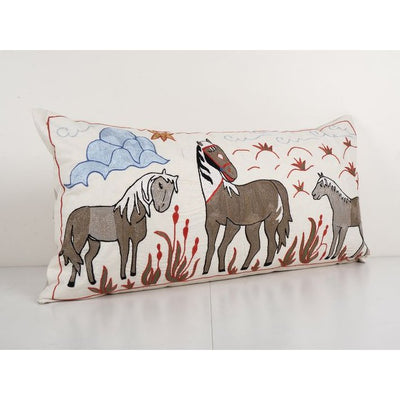 King Bed Vintage Cotton Suzani Pillow Cover with Animal Pattern, Exquisite Suzani Horse Bed Pillow Cover 18'' x 34''