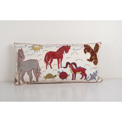 Tashkent Suzani Animal Bedding Pillow Case Made from Suzani, Lumbar Eagle, Deer and Turtle Tashkent Cushion Cover 18'' x 34''