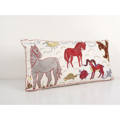 Tashkent Suzani Animal Bedding Pillow Case Made from Suzani, Lumbar Eagle, Deer and Turtle Tashkent Cushion Cover 18'' x 34''