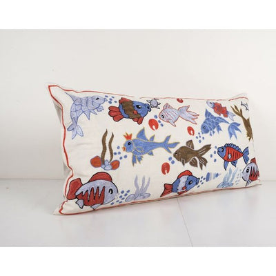 Uzbek Extra Long Suzani Bed Cushion Cover with Animal Motif, Fish Pattern Embroidery Pillow Case Made from Cotton 18'' x 35''