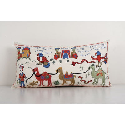 Tashkent Suzani Animal Bedding Pillow Case Made from a 19th Century Suzani - Lumbar Camel and Bird Cushion Cover - Hippie Long Pillow Case