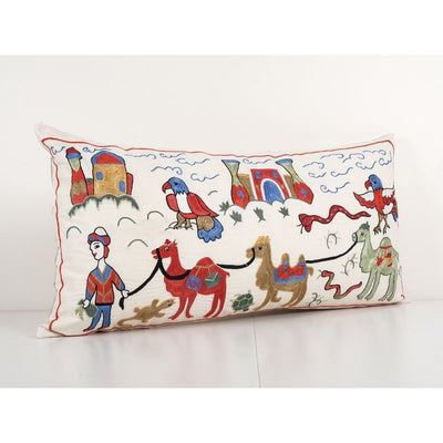 Tashkent Suzani Animal Bedding Pillow Case Made from a 19th Century Suzani - Lumbar Camel and Bird Cushion Cover - Hippie Long Pillow Case