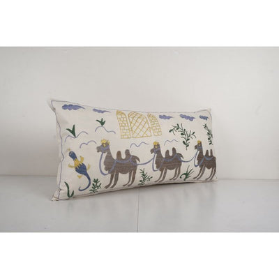Uzbek Traditional Pastel Suzani Pillow Case, Decorative Camel Couch Cushion, Old Embroidery Suzani Pillow Cases 18'' x 35''