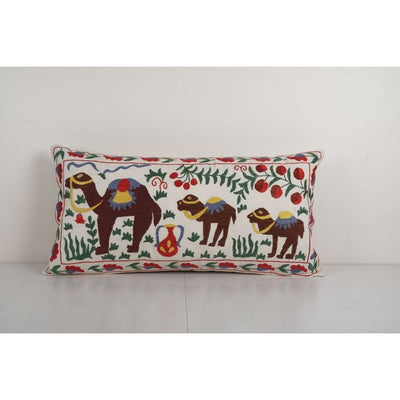 Vintage Oversize Suzani Pillow Cover, Animal Uzbek Embroidered Pillow, Ethnic Camel Designer Pillow Case 18'' x 35''