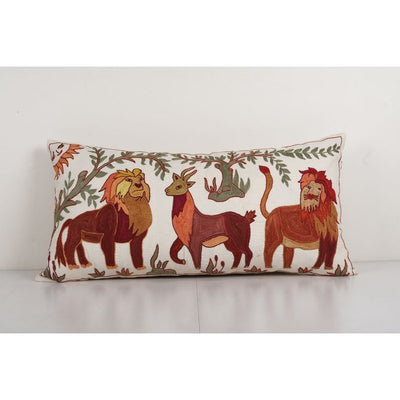 Suzani Lion and Deer Pillow Cover, Animal Tribal Bedding Pillow Cover, Embroidered Hippie Pillow 18'' x 34''