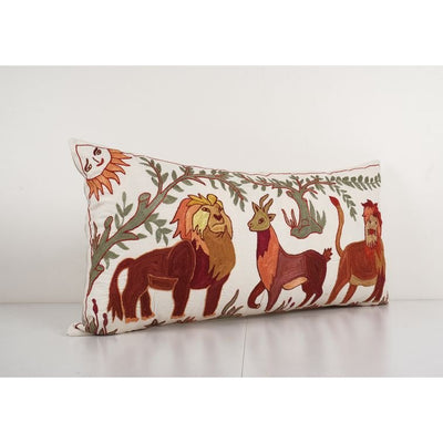 Suzani Lion and Deer Pillow Cover, Animal Tribal Bedding Pillow Cover, Embroidered Hippie Pillow 18'' x 34''