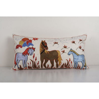 Vintage Animal Pictorial Suzani Pillow Cover, 1960s Handmade Samarkand Uzbek Suzani Textile Art 18'' x 34''