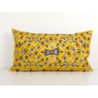 Vintage Floral Yellow Suzani Pillow Cover, Extra Long Samarkand Hippie Cushion Cover 18'' x 32''