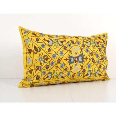 Vintage Floral Yellow Suzani Pillow Cover, Extra Long Samarkand Hippie Cushion Cover 18'' x 32''