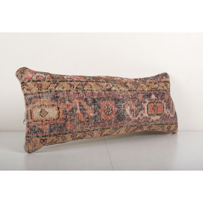 Turkish Oushak Rug Pillow Cover, Queen Boho Bedding Wool Carpet Bedding Pillow Cover, Anatolian Lumbar Cushion 11'' x 28''