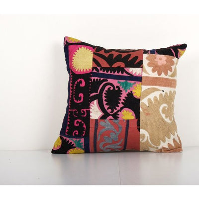 Suzani Patchwork Pillow Cover, Square Cushion Cover, Tribal House Decor, Embroidery Handmade Pillows 18'' x 18''