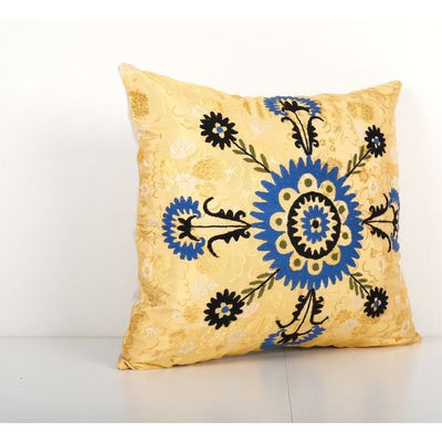 Yellow Suzani Cushion Cover, Floral pillow cover from Uzbekistan, Decorative Hand Embroidery Cushions 19'' x 21''