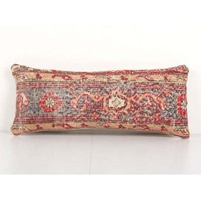 Pillow Case Fashioned from a Vintage Turkish Wool Cover, Mid-20th Century Anatolian Bed Carpet Cushion 10'' x 26''