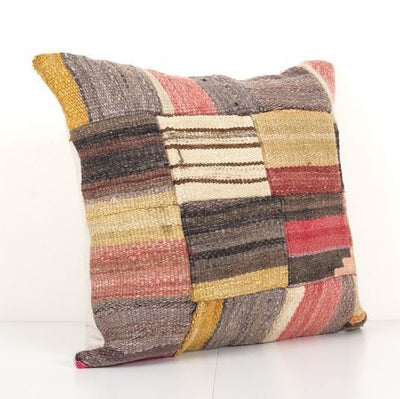 Traditional Turkish Patchwork Rug Pillow Cover, Ethnic Vintage Handmade Wool Cover, Vintage Carpet Soft Wool Pillow 18'' x 20''
