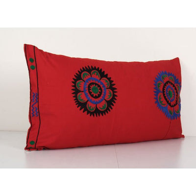 Suzani Lumbar Cushion Cover, Tribal House Decor- Embroidery Red Embroidery Pillows - Uzbek Bedding Pillow 16'' x 30''