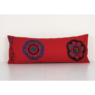 Turkish Suzani Red Cushion Cover, Suzani Bedding Pillow Case Made from a 19th Century Suzani, Uzbekistan, Rustic Home Decor 12'' x 32''