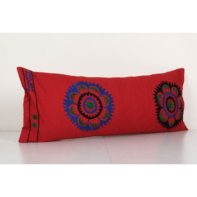 Turkish Suzani Red Cushion Cover, Suzani Bedding Pillow Case Made from a 19th Century Suzani, Uzbekistan, Rustic Home Decor 12'' x 32''